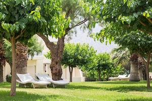 Garten des Cretan Malia Park Hotels mit weißen Liegen und Bäumen