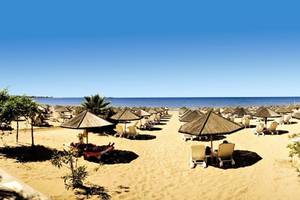Strand des Defne Defnem Hotels mit vielen Sonnenschirmen und Liegestühlen am Meer