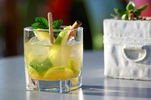 Ein Glas mit einem Cocktail, verziert mit Minzblättern, Zitronenscheiben und einer Zimtstange, neben einer kleinen Pflanze in einem weißen Topf.