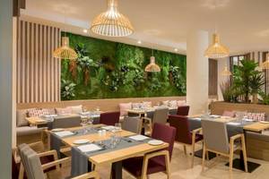 Innenbereich des Restaurants des Barcelo Corralejo Bay Hotels mit grüner Wand, Holztischen und Stühlen.
