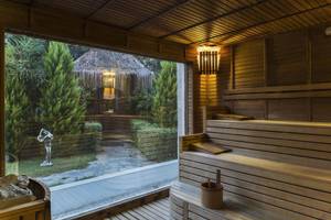 Innenansicht der Sauna im Delphin Diva Premiere Hotel mit Blick auf den Garten