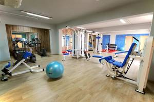 Fitness-Studio im Gaia Palace Hotel mit verschiedenen Geräten und einer großen blauen Kugel.
