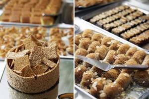 Zwei Bilder von verschiedenen Süßigkeiten, darunter Baklava und Sesamblätter, auf Tabletts.