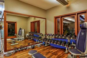 Fitnessraum im Constance Belle Mare Plage Hotel mit Spiegel und Trainingsgeraten.