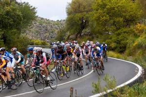 Eine Gruppe von Radfahrern fährt auf einer kurvigen Straße.