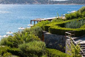 Außenbereich des Minos Palace Hotel & Suites mit Blick auf das Meer und gesäumt von Palmen und Sträuchern.