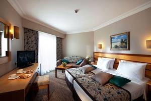 Hotelzimmer des Side Sun mit zwei Betten, Fernseher, Couch und Tisch.