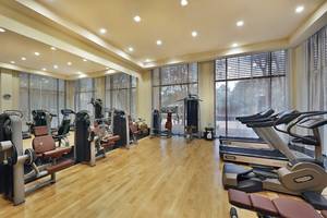 Fitnessstudio im Ritz-Carlton Ras Al Khaimah, Al Wadi Desert mit vielen Geräten und Holzboden