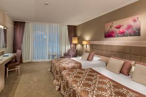 Doppelzimmer im Miracle Resort mit zwei Betten, Schreibtisch, Fernseher, und Blick auf den See.