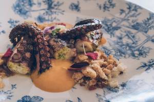 Gegrillter Oktopus auf einer blau-weißen Schale mit Soße und Beilagen.