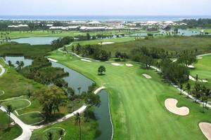 Luftaufnahme des Golfplatzes mit Meerblick, Barcelo Bavaro Palast im Hintergrund.