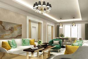 Innenansicht des Hotellobbys des Rixos Premium Saadiyat Island mit modernen Möbeln und Kunstwerken.