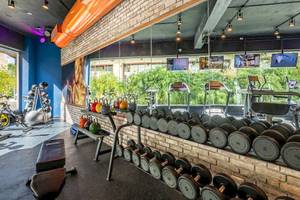 Innenansicht des Fitness-Centers des Sunscape Coco Punta Cana Hotels mit Hanteln und Trainingsgeräten.