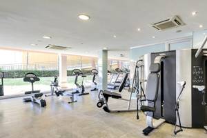 Fitnessstudio im Occidental Playa de Palma Hotel mit verschiedenen Trainingsgeräten und Blick auf den Garten.