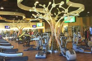 Fitnesscenter des Barcelo Maya Palace Hotels mit vielen Laufbändern und Trainingsgeräten.