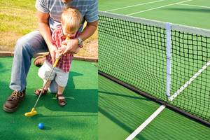 Vater und Sohn spielen Golf auf einem Freiluft-Golfplatz mit einem Netz und einem blauen Ball.