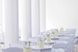 Innenbereich des Mrs Chryssana Beach Hotels mit weißen Tischen und Stühlen und Pflanzen in Töpfen.