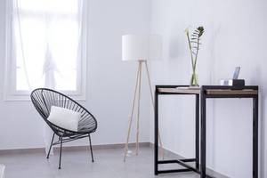 Innenraum des Pietra E Mare Mykonos Hotels mit einem schwarzen Stuhl, einer Stehlampe und einem Tisch mit einer Pflanze.