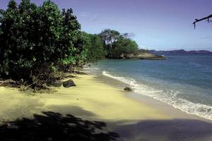 Strand mit karibischem Hotel im Hintergrund und blauem Wasser
