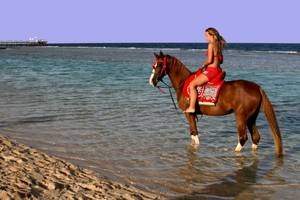 Eine Frau reitet ein Pferd am Strand des Akassia Swiss Resort.