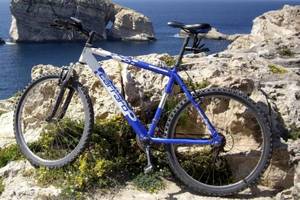 Blaues und weißes Mountainbike steht auf einem Felsen am Meer, mit Blick auf eine Felsformation.