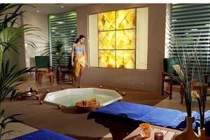 Spa-Bereich im Swissotel Al Murooj Dubai mit Whirlpool, Lounge-Sesseln und Pflanzen.