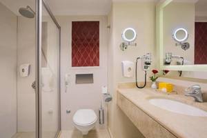 Badezimmer des Kremlin Palace Hotels mit Dusche, Toilette und Waschbecken.