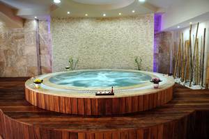 Jacuzzi im Marti Resort mit steinerner Wand und Holzboden.