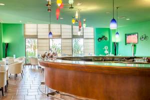 Innenbereich der Bar im Occidental Jandia Royal Level Hotel mit grünen Wänden und Holzbar.