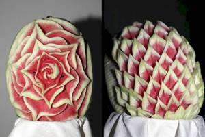 Zwei Ansichten eines kunstvollen Wassermelonen-Schnitzwerks, das eine Rose und eine Ananas darstellt.