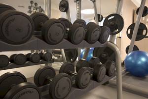 Fitnessstudio mit verschiedenen Gewichten und einem blauen Meditationsball