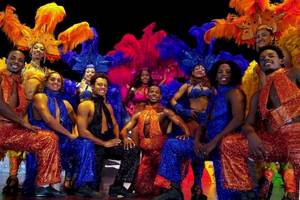 Gruppe von Performern in farbenfrohen Kostümen vor einer Bühne für eine Show im Bahia Principe Grand Bavaro Hotel.