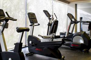 Fitnessstudio im Salinda Resort auf Phu Quoc Island mit Blick auf Bäume und Pflanzen