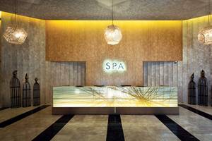 Empfangsbereich des Spas im Titanic Deluxe Golf Belek Hotel mit goldenem Design und 'SPA' Schild.