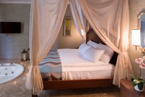 Ein Zimmer im Titanic Deluxe Golf Belek mit Bett, Whirlpool und Fernseher.