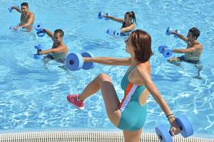 Gruppe von Personen, die Aquafitness im Schwimmbad trainieren, mit Hanteln in der Hand.