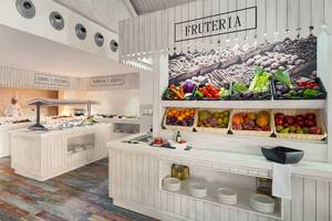 Innenansicht des Frutería Restaurants im Barcelo Fuerteventura Castillo Hotel mit Buffet und Dekoration.