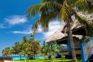 Ein Hotel mit Palmen und blauem Himmel im Hintergrund.