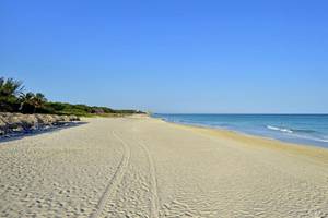 Strand des Melia Las Antillas Hotels mit weißen Sand, blauem Himmel und einigen Palmen.