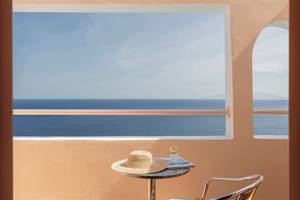Blick vom Balkon des Mitsis Family Village Beach Hotels auf das Meer.