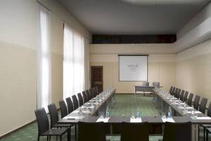 Konferenzraum im Melia Salinas Hotel mit langen Tischen und Stühlen, Projektionsleinwand und Möbeln.