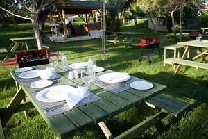 Grillbereich im Garten des Paloma Oceana Hotels mit gedeckten Tischen und Bänken.