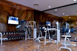 Fitnesscenter im Parrotel Beach Resort mit verschiedenen Geräten und einer steinernen Wand.