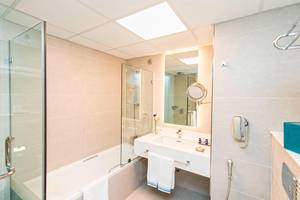 Badezimmer im Habtoor Grand Resort & Spa mit Badewanne, Dusche, Spiegel und Toilettenartikeln
