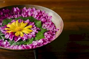 Blumenarrangement im Noku Maldives Hotel mit einer gelben Blume in der Mitte.