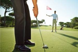 Golfer puttet auf dem Golfplatz mit einem Caddie im Hintergrund.