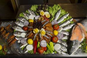 Präsentation verschiedener Fisch- und Meeresfrüchte auf einem Eisblock.