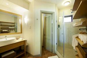 Badezimmer im Veranda Paul et Virginie Hotel & Spa mit Spiegel, Waschbecken und Dusche.