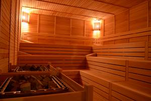 Sauna im Port Side Resort mit Holzwänden und zwei Holzkohlebecken.