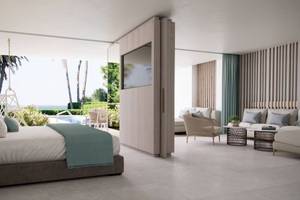 Modernes Schlafzimmer mit Meerblick im Ikos Andalusia Hotel mit großem Bett, Pool und Garten.